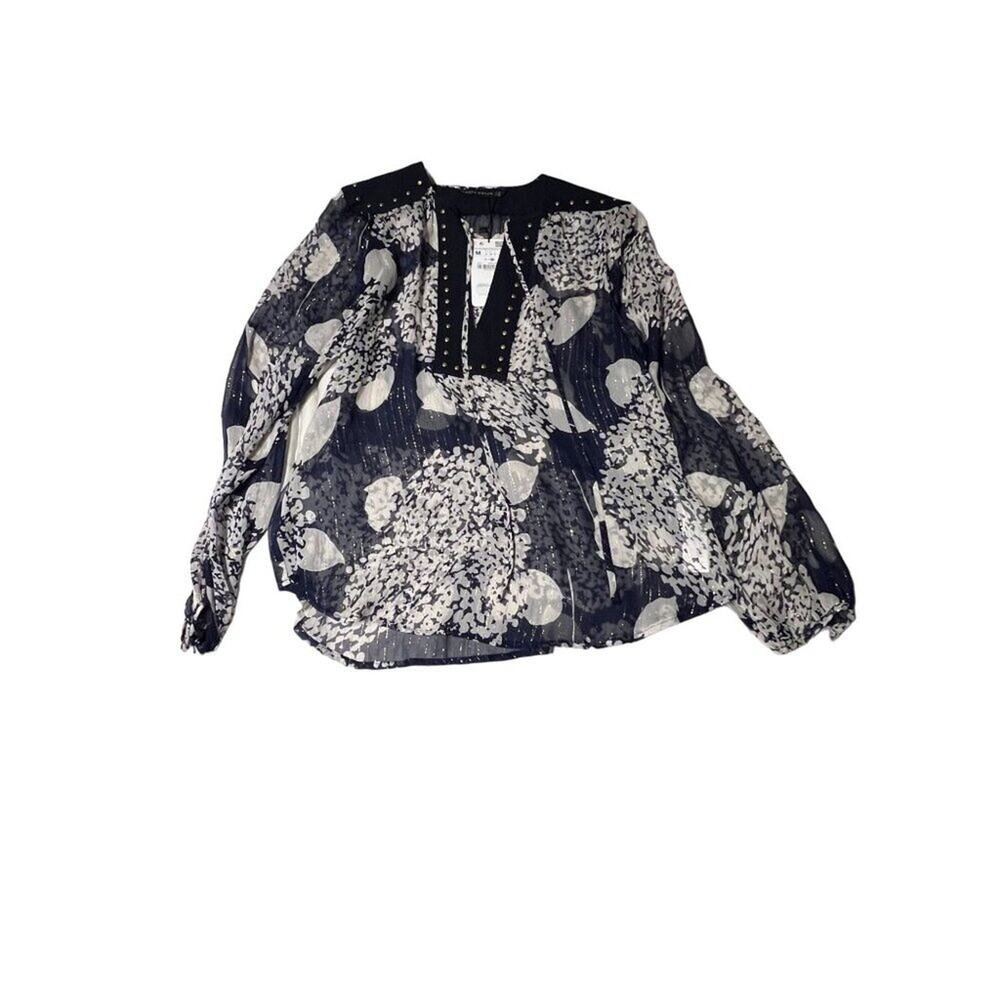 Zara Mulberry Silk Navy/Ecru Long Sleeve Blouse with Studs Women's Size Medium N - Picture 2 of 16